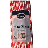 Essential Eco Friendly Biodegradable Paper Straws, 50 pcs, feature red and white stripes; these straws are made from biodegradable paper for an eco-conscious choice.